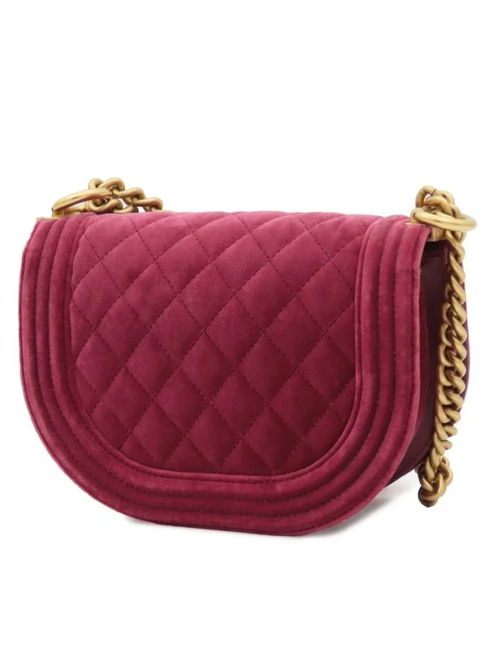 Chanel Chain Shoulder Bag Boy Wine Red Gold Velvet